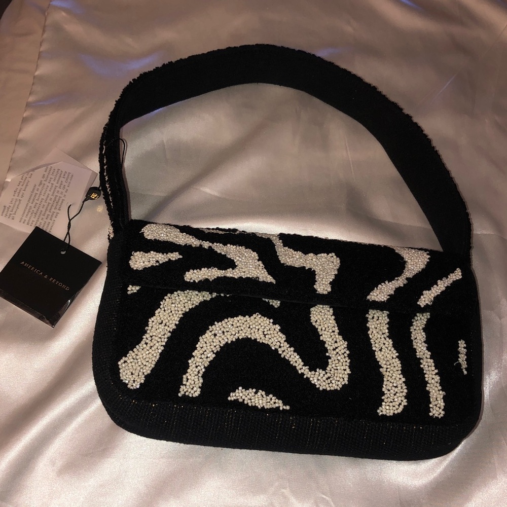 America & Beyond Hand Beaded Abstract Zebra Print Shoulder Hobo Bag NWT